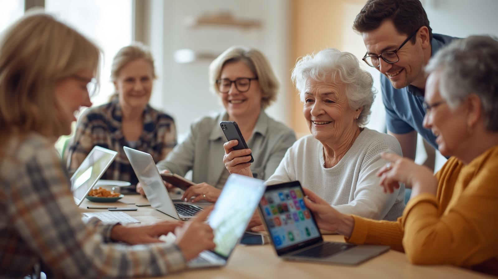 Idosa usando celular em oficina digital